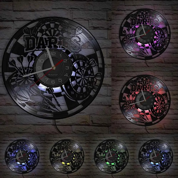 Dartspel Pub Vinyl Retro Skivspelare Väggklocka Mancave Spelrum Dekoration Retro Tidsmätare Darttavla Bar Nattklubb Disk Hantverk Without LED(.103)