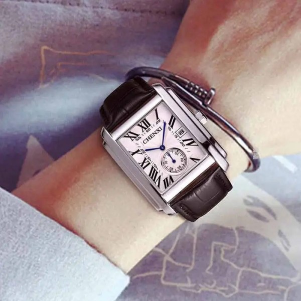 Topp lyxvarumärke fyrkantiga armbandsur för män Unik design roséguld kalender watch äkta läder kvarts Business manlig klocka Steel Silver Black 3