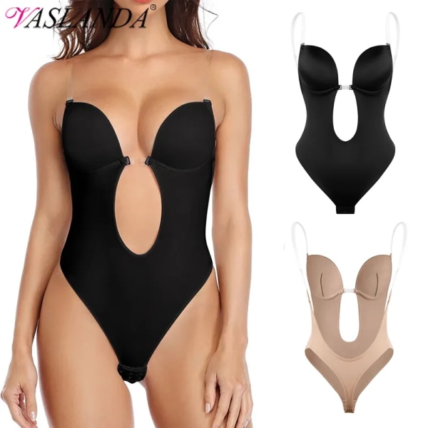 Shapewear Body Kvinnor Sexig Djup V-ringad Body Shaper Vadderad BH Rygglös U Plunge Thong Waist Trainer Push Up Party Korsett A-Black 2XL