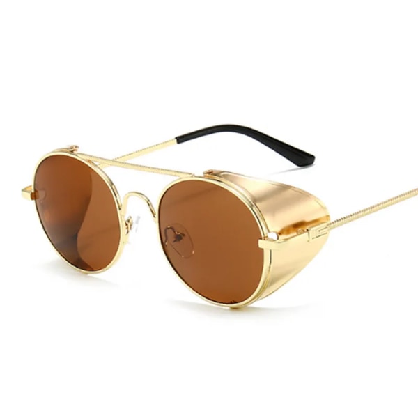 Runda solglasögon Man Kvinna Märkesdesigner Vintage solglasögon Klassiska glasögon för körning Metal Steampunk Retro Oculos De Sol Gold Brown other