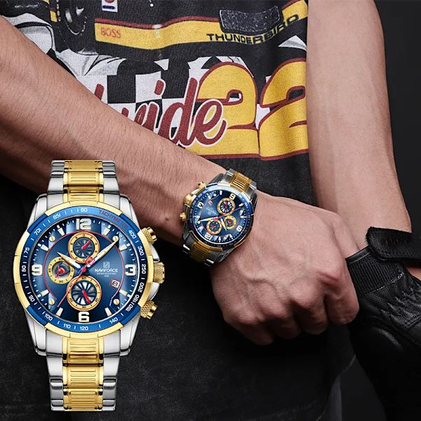 NAVIFORCE Temperament Herr Lyx Mode Design Guld Herr Klockor Multifunktion Luminous Quartz Armbandsur för män Relogio Masculino SBE-BOX