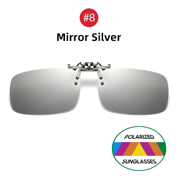 VIVIBEE Spegel Blå Flip Up Clip on Solglasögon Fiske Män Fyrkantig polariserad lins Metall Night Vision Körning UV400 Dam Glasögon 8 Mirror Silver Without Plastic Case