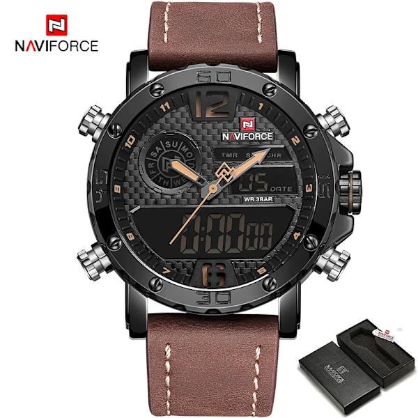 2021 NAVIFORCE Toppmärke Sportklockor Herr Läder Vattentät Man Quartz Digital Dubbel Watch Man Klocka Relogio Masculino BYBN-with Box