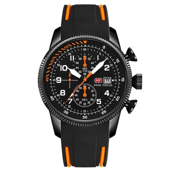 MINI FOCUS Sport Watch för män Mode Vattentät armbandsur med Chronograph Silikon Armband Man Datum Klocka Lysande Black Orange