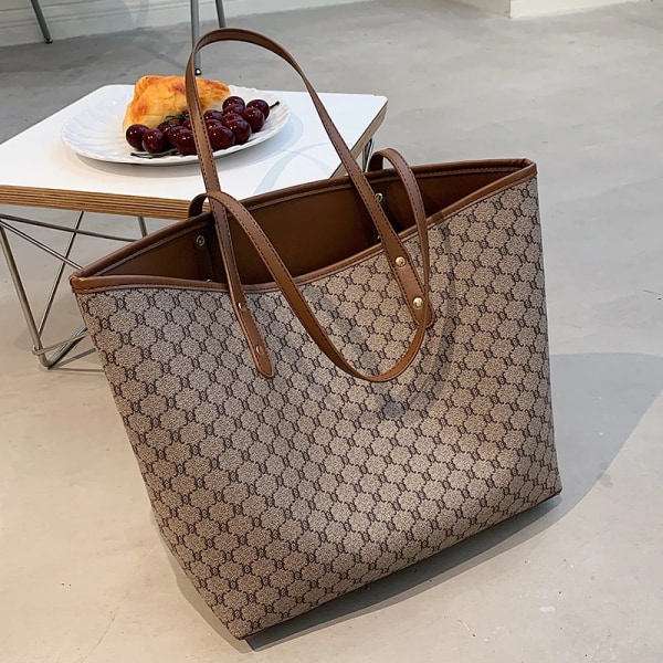 2 st/ set Lyxdesigner handväska med hög kapacitet handväska för kvinnor Trender varumärkesdesigner randig shopper axel shoppingväska Brown with White 43cmx29cmx14cm