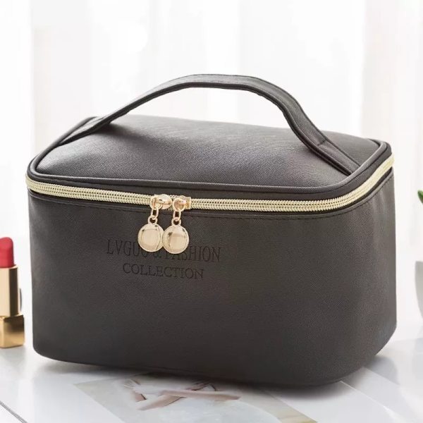 FUDEAM Läder Multifunktion Kvinnor Kosmetikväska Resor Toalettartiklar Förvaring Organisera Handväska Vattentät Kvinnlig Bärbart Makeup case Black C