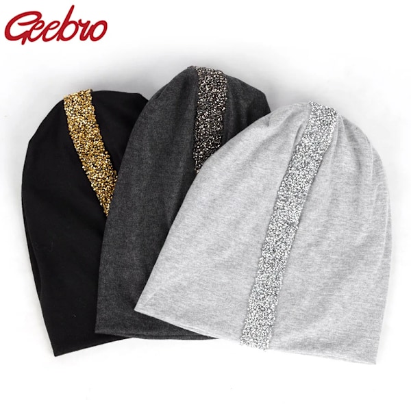 Geebro Mjuka Rhinestone-Band Kepsar i Bomull för Kvinnor, Avslappnade, Enfärgade, Lösa, Slouchiga Kepsar och Mössor, Perfekt Present till Damernas Födelsedag Gold Dark gray