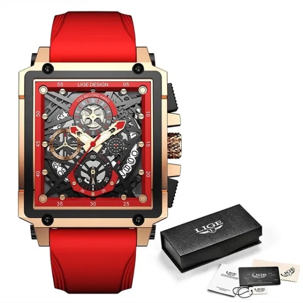 2023 nya LIGE Herrklockor Toppmärke Lyx Hollow Square Watch För män Mode Läderrem Vattentät Quartz Armbandsur Silicone red