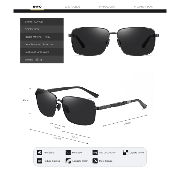 AORON New Polarized Solglasögon för män Driver Solglasögon Klassiskt mode fyrkantiga solglasögon Hög kvalitet UV400 Gray Black Glasses Bag