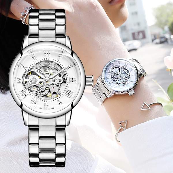 Reloj Mujer Montre Femme 2023 Silver Dam Klänning Klockor Dam Rostfritt stål Armband Skelett Automatiska Mekaniska Klockor Black