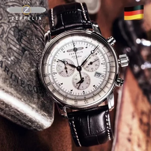 Nya Zeppelin lyxiga fritidskvarts läderklocka för män watch sport vattentät datum multifunktions kronometer Black white