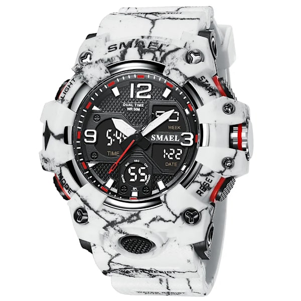SMAEL Dual Time Watch för män Mode Vattentät Quart Digital Armbandsur Väckarklocka LED Bakgrundsbelysning Kalenderklockor 8008 Camo White