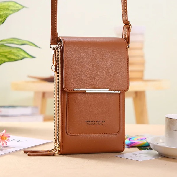 Buylor Damväska Trend Handväskor Mjukt läder Små plånböcker Touch Screen Mobilväska Mode Crossbody axelväskor BROWN 11x5x19CM