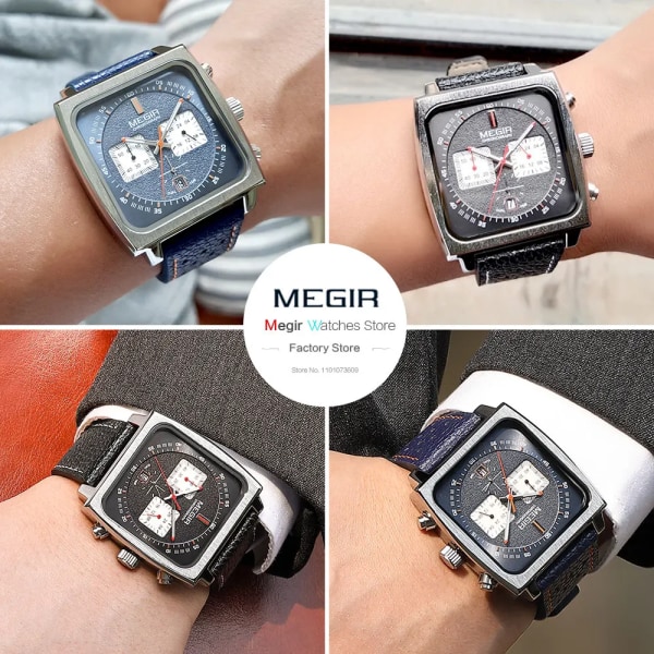 MEGIR Blue Square Dial Watch för män Casual Sport Läderrem Chronograph Quartz Armbandsur med datum 24-timmars 3atm Vattentät Blue-Box