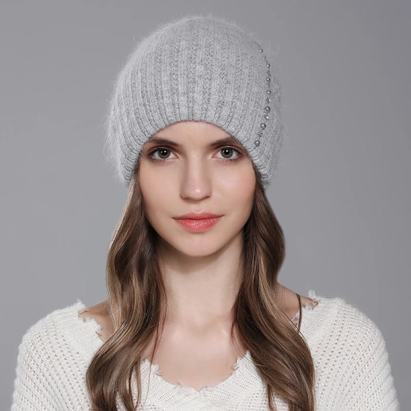 Cntang Angorahatt för kvinnor, vinter, stickad, varm, mössa, mode, lyxig designerhatt för kvinnor med pärldiamant Gray