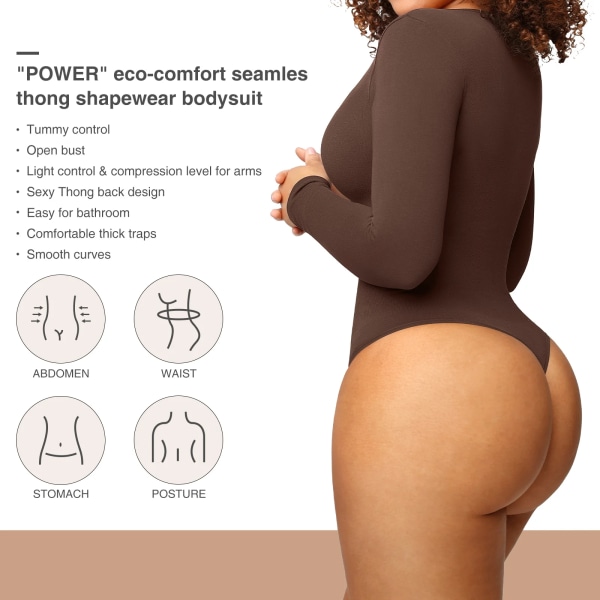 HEXIN Women's Colombianas Faja Shapewear Body Ytter långärmad stringtrosa Full täckning Platta buken Rumplyft Kroppsformad Brown M-L