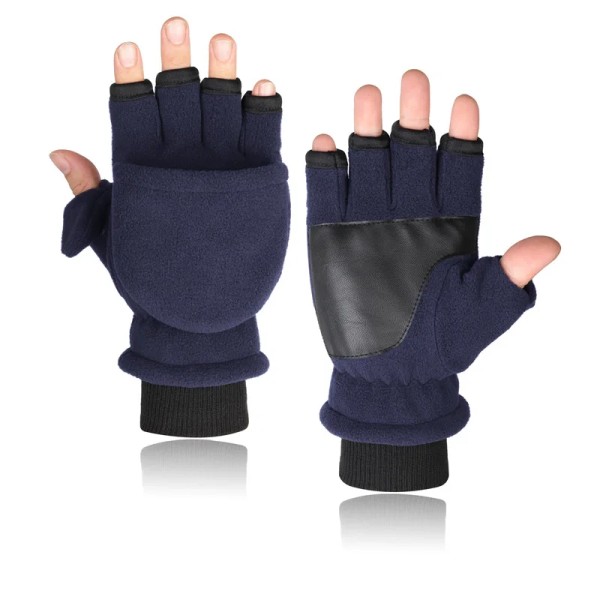 Varma vinterhandskar Fingerless Cabriolet Thermal Handskar Vindtät Polar Fleece Varma män kvinnor dubbellagers klaffhandskar Type A Navy Velcro M 16-20cm
