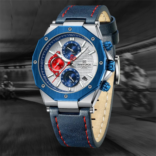 NAVIFORCE Fashion Quartz Klockor för män Läderarmband Sport Chronograph Watch Auto Date Vattentät Lysande Manklockor GBB