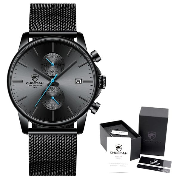 2021 Watch CHEETAH Märke Mode Sport Kvartsklockor Herr Läder Vattentät Chronograph Clock Business Relogio Masculino Steel Blue Box