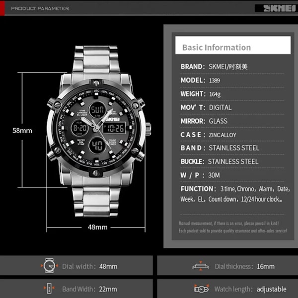 Herrklockor Dual Display LED Digital Vattentät Full Steel Quartz Watch Herrklocka Lyxmärke Relojes SKMEI 2018 Blue