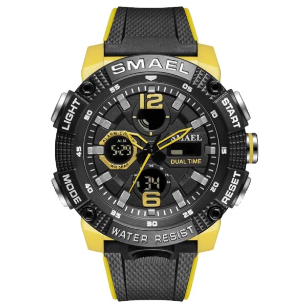 SMAEL Dual Time LED Display Digital watch för män Vattentät Simning Quartz Sportklockor Auto Date Alarm Clock Armbandsur 8039 Yellow