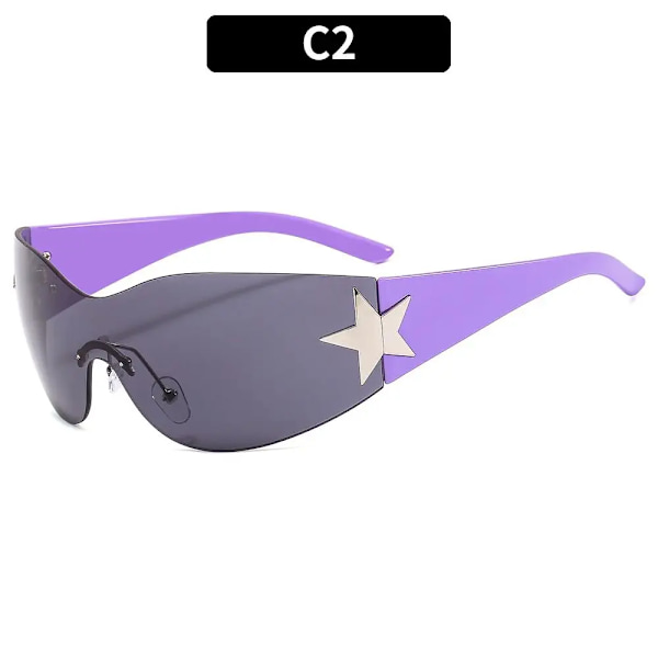 Punk One Piece Solglasögon Goggle Nya Y2k båglösa solglasögon 2000-talsglasögon Glasögon UV400 Kvinnlig designer femstjärniga glasögon C2