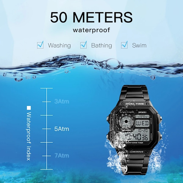 SKMEI 1335 band i rostfritt stål Digital watch reloj hombre Watch Herr 5Bar vattentäta klockor Black