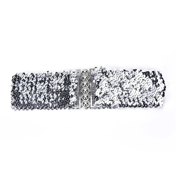 Mode Metallic Paljett Dam Klänning Bälten Cool Punk Shinny Cummerbund Elastisk Stretch Bred midjeband Free Ize Bred Stretch Bälte Silver