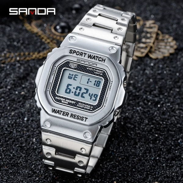 SANDA Top Brand Lyx Herrklockor LED Digital Watch Herr 5ATM Casual Vattentät Armbandsur Stålklocka Relogio Masculino 390 Silver