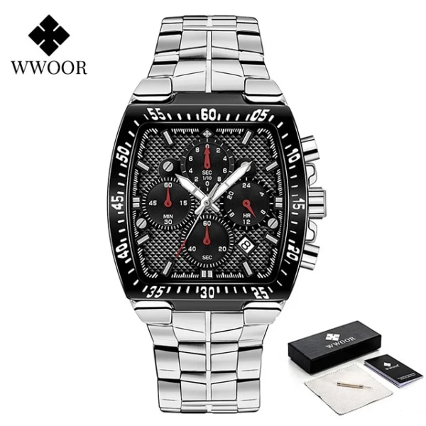 Reloj Hombre WWOOR 2022 nya herrklockor svart rostfritt stål sportkronograf Luxury Quartz armbandsur Vattentät klocka hane White black box