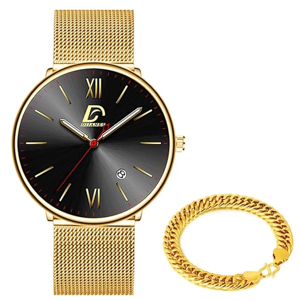 2023 Lyx Herrklockor Guld Armband Rostfritt Stål Mesh Bälte Kvarts Watch Herr Kalender Lysande klocka AS Show 8