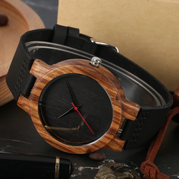 Vintage trä svart/kaffe/grön urtavla Naturlig bambu trä watch för män Läder träklocka Man Hour Top Present Reloj de madera Coffee Dial