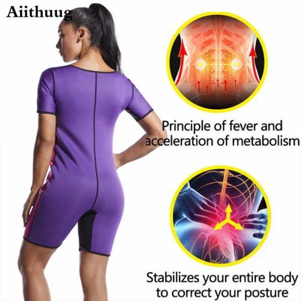 Aiithuug Bastudräkt för kvinnor Shapewear Viktminskningskorsett Svett Body Shaper Bantning Neopren Kortärmad neoprenbody purple XL