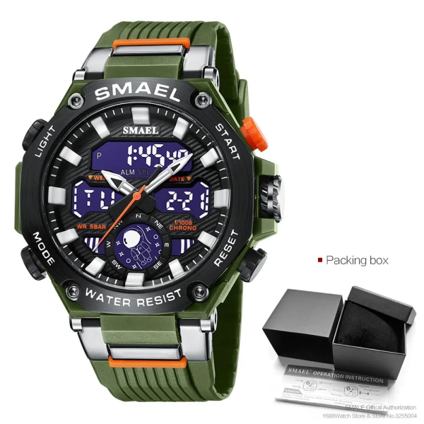 SMAEL Elektroniska Digitala klockor för män Mode Chronograph Quartz Armbandsur Auto Date Week Väckarklocka LED Dual Time 8069 Green-Box