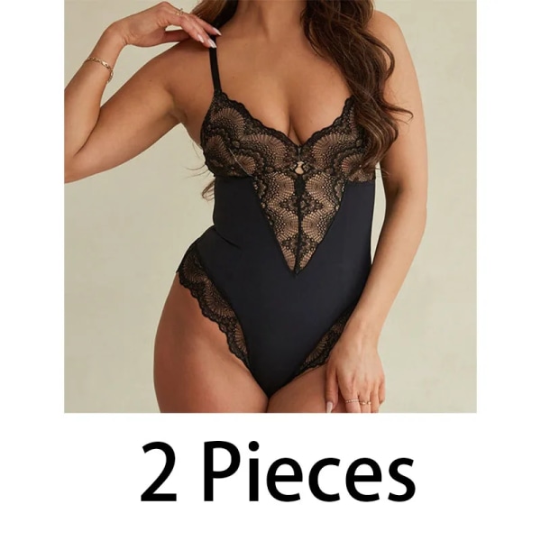 GUUDIA Light Control Body Suit Sexig Jumpsuit 2 delar Underkläder Sexig Spets V-hals Spaghetti Armband Bodysuits Snap Open grenen black XXXL