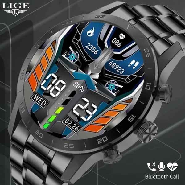 LIGE Nytt Bluetooth Call Smart Watch Herr HD Full Touch Sport Fitness Armband Vattentätt Lyx Herr SmartWatch För IOS Android Leather Sliver Bluetooth call