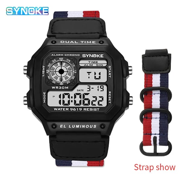 SYNOKE Digital Watch för män Led Vattentät Man Nylon Klockor Lyx Sport Man Armbandsur Stor väckarklocka Relojes Deportivos Black B