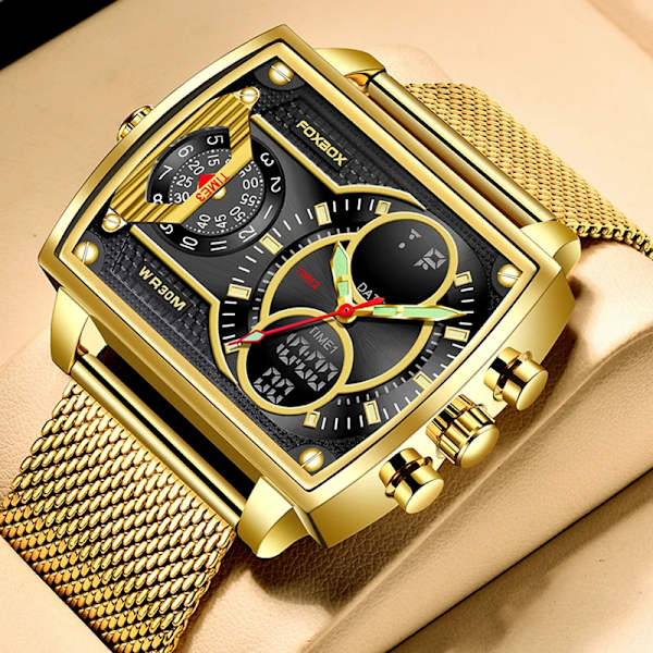 2023 Toppmärke Lyx Watch Mode Fyrkantig watch Herr Casual Vattentät Dubbel Display Klockor Relogio Masculino+BOX all black