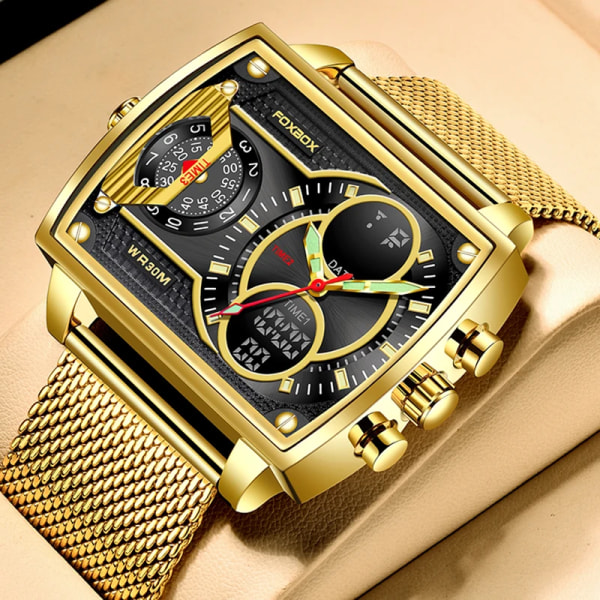 2023 Toppmärke Lyx Watch Mode Fyrkantig watch Herr Casual Vattentät Dubbel Display Klockor Relogio Masculino+BOX gold  black