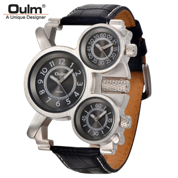 Punk stil män klockor Oulm 1167 New Retro Man Quartz Watch Unik 3 Tidszon Quartz Clock Läder Man Military Armbandsur black