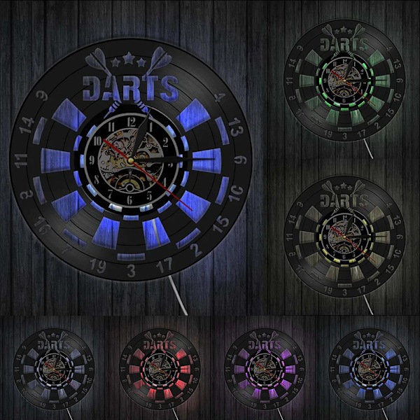 Dartspel Pub Vinyl Retro Skivspelare Väggklocka Mancave Spelrum Dekoration Retro Tidsmätare Darttavla Bar Nattklubb Disk Hantverk With LED(.102)