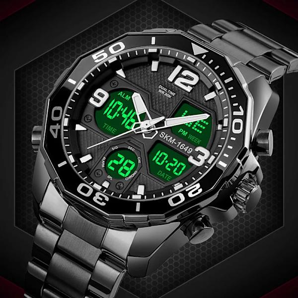 SKMEI Lyxmärke Watch Militär Digital Sport Armbandsur Herr Stålband Vattentät klocka Man reloj hombre 1649 montre Black