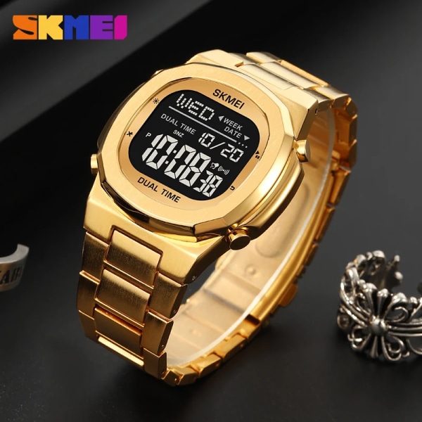 Herrklockor Top Märke Lyx SKMEI LED Digitala klockor Rostfritt stål Vattentät armbandsur För Man Klockor Watch Herr silver-white
