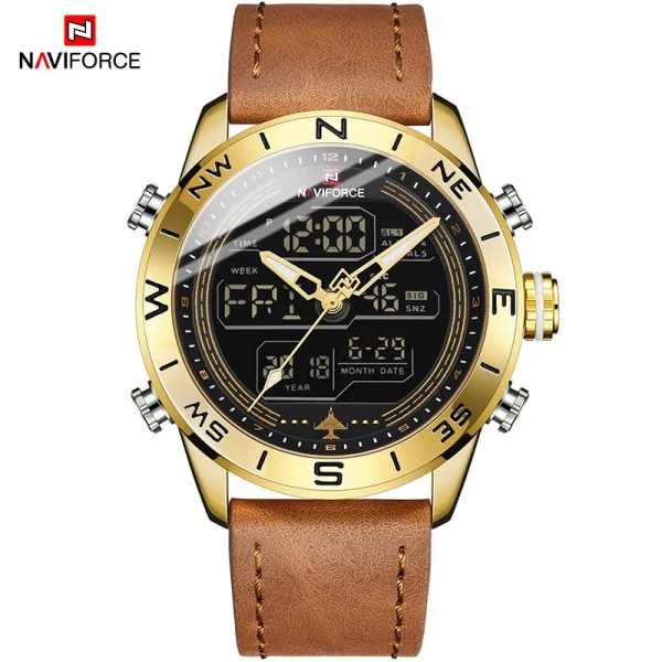 Lyxmärke Herr NAVIFORCE 9144 Army Military Watch Digital Läder Sport vattentäta Klockor Kvarts Herrklocka Relogio Masculino GGLBN