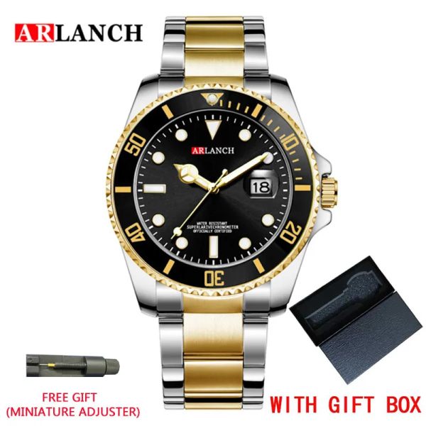 ARLANCH Hot Sell Herr Quartz Steel Watch Lysande Datum Analog Casual Watch Business Vattentät Watch Man Relogio Masculino Gold black With box