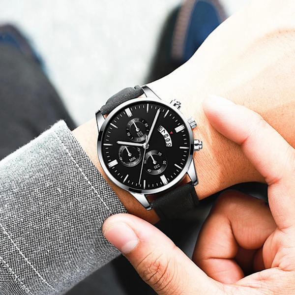 Watch Mode Sport Handled Legering Case Läderband Quartz Business Armbandsur Kalenderklocka Present 01 Rose Gold-Black