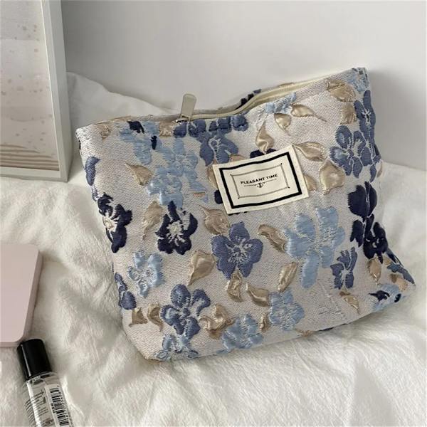 Mode fransk kosmetisk väska med präglad blomma Enkel Bärbar Print med stor kapacitet Mobiltelefon Handväska för promenader blue