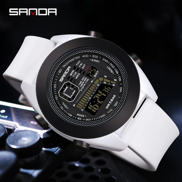 SANDA 9025 Ny elektronisk watch med enkel kärna Multifunktionell silikontejp Utomhussport för män Digital vattentät armbandsur ALL BLACK  2