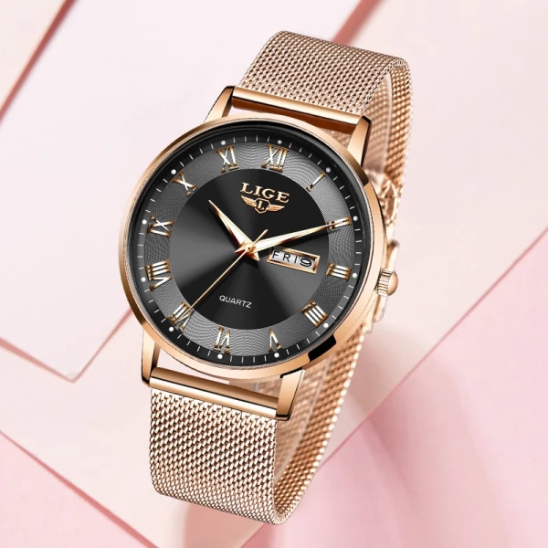 LIGE Watch Armband Quartz Clock Movement Enkel Vattentät Rose Gold Rostfritt stål Mesh Damklockor Relogio Feminino All Blue