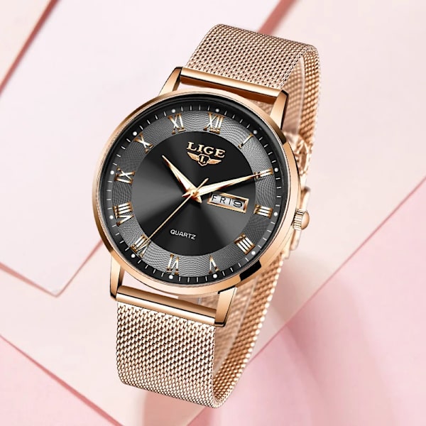 LIGE Watch Armband Quartz Clock Movement Enkel Vattentät Rose Gold Rostfritt stål Mesh Damklockor Relogio Feminino Rose gold black